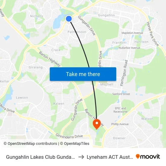 Gungahlin Lakes Club Gundaroo Dr to Lyneham ACT Australia map