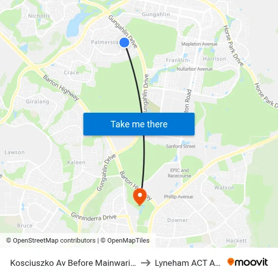 Kosciuszko Av Before Mainwaring Rich Cct to Lyneham ACT Australia map