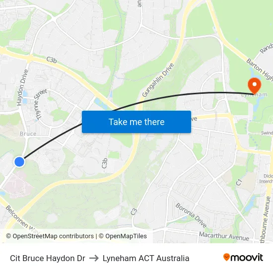 Cit Bruce Haydon Dr to Lyneham ACT Australia map