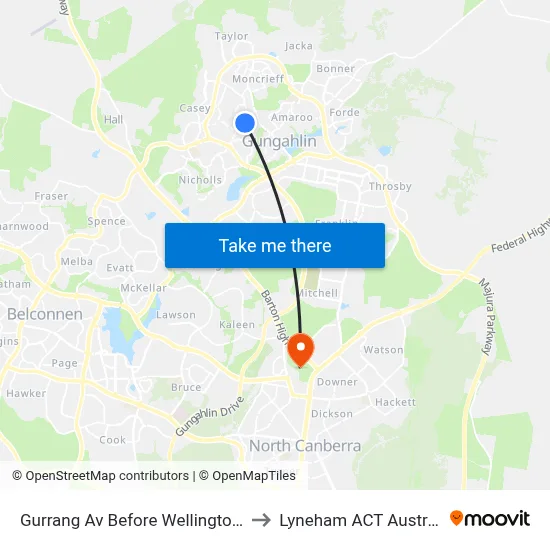 Gurrang Av Before Wellington St to Lyneham ACT Australia map