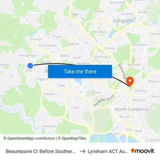 Beaurepaire Cr Before Southern Cross Dr to Lyneham ACT Australia map