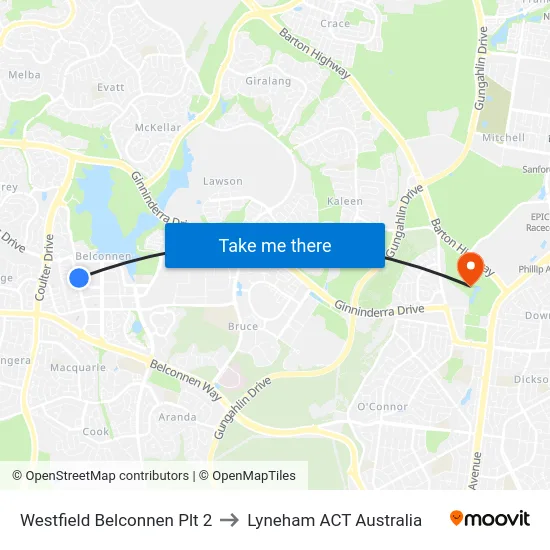 Westfield Belconnen Plt 2 to Lyneham ACT Australia map