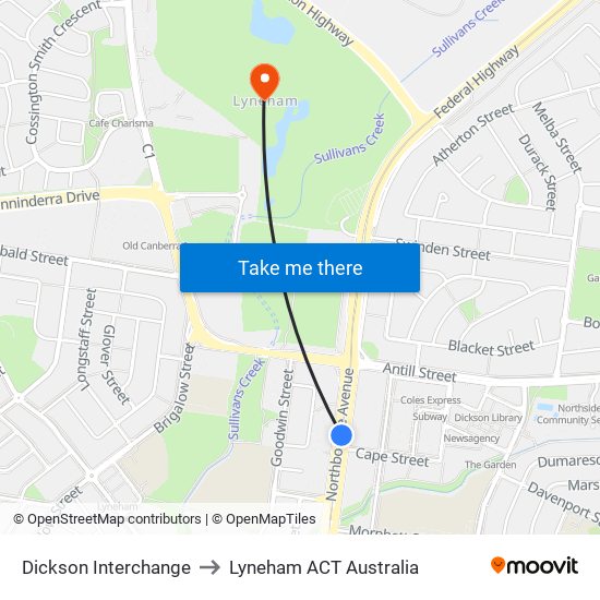 Dickson Interchange to Lyneham ACT Australia map