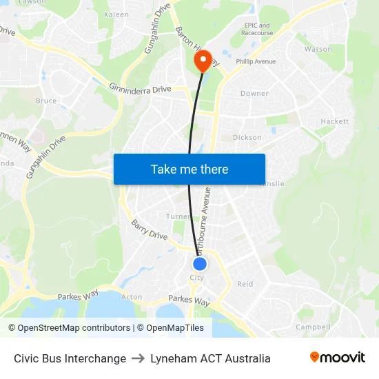 Civic Bus Interchange to Lyneham ACT Australia map