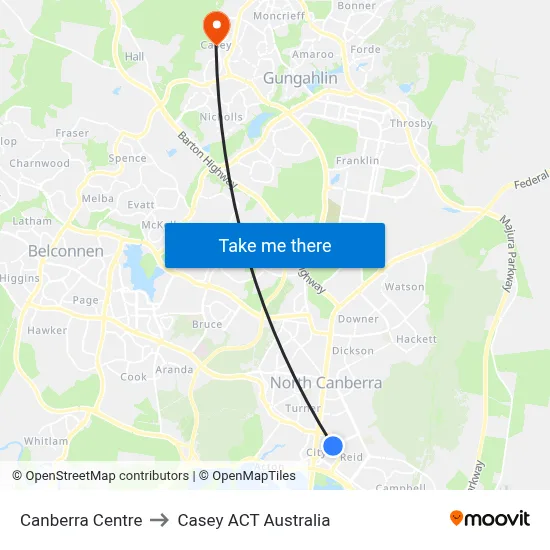 Canberra Centre to Casey ACT Australia map