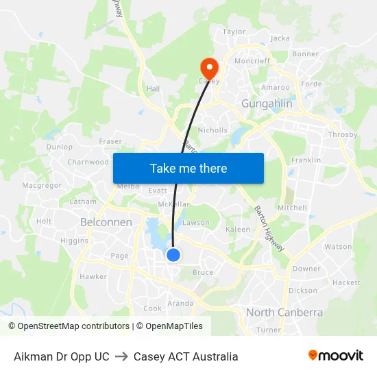 Aikman Dr Opp UC to Casey ACT Australia map