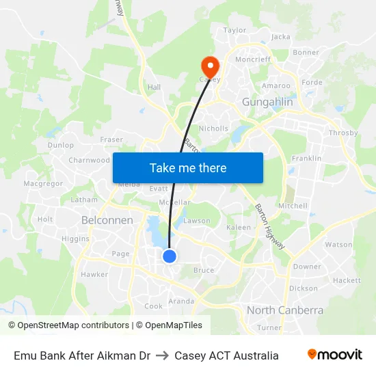 Emu Bank After Aikman Dr to Casey ACT Australia map