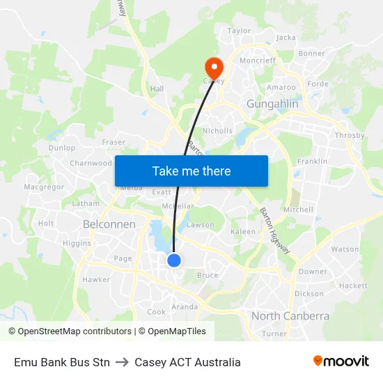Emu Bank Bus Stn to Casey ACT Australia map