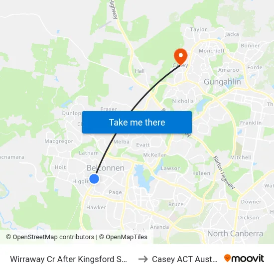 Wirraway Cr After Kingsford Smith Dr to Casey ACT Australia map