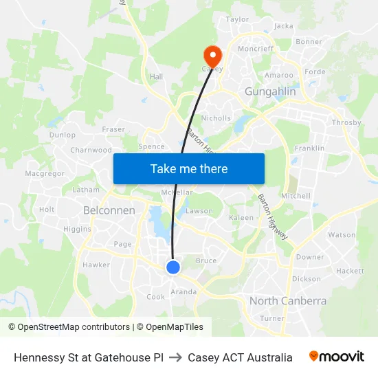 Hennessy St at Gatehouse Pl to Casey ACT Australia map