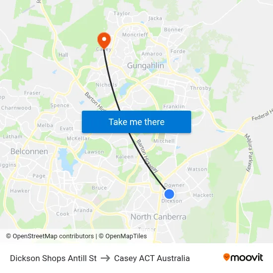 Dickson Shops Antill St to Casey ACT Australia map