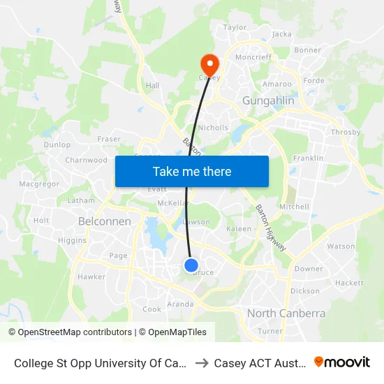 College St Opp University Of Canberra to Casey ACT Australia map