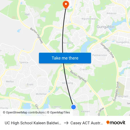 UC High School Kaleen Baldwin Dr to Casey ACT Australia map