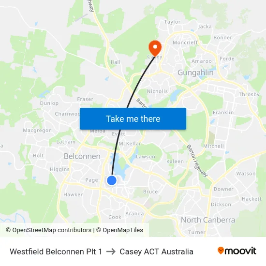 Westfield Belconnen Plt 1 to Casey ACT Australia map