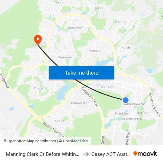 Manning Clark Cr Before Whitington St to Casey ACT Australia map
