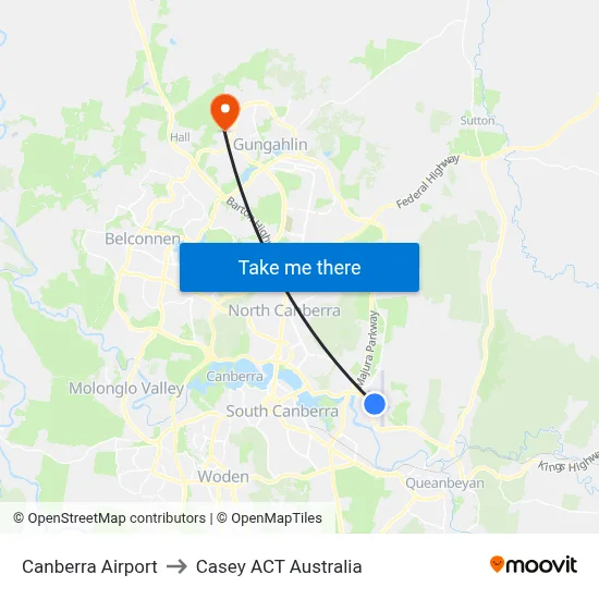 Canberra Airport to Casey ACT Australia map