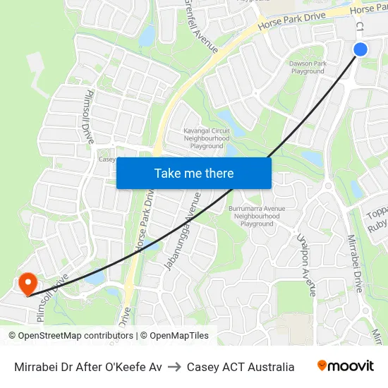 Mirrabei Dr After O'Keefe Av to Casey ACT Australia map