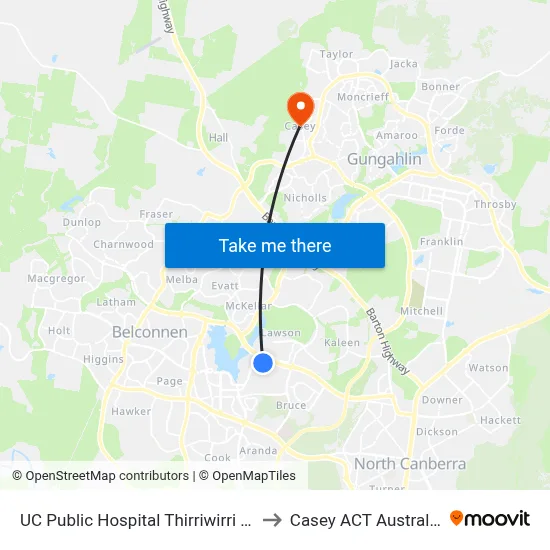 UC Public Hospital Thirriwirri St to Casey ACT Australia map