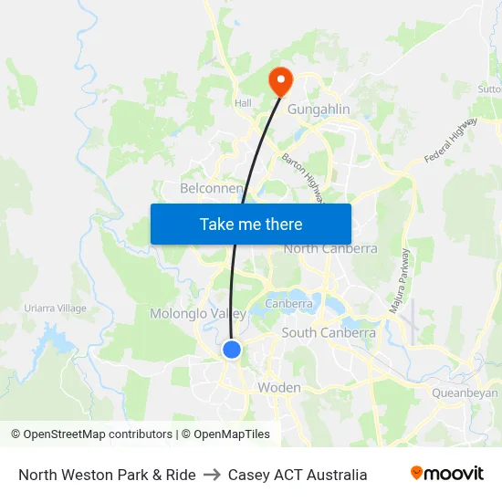 North Weston Park & Ride to Casey ACT Australia map
