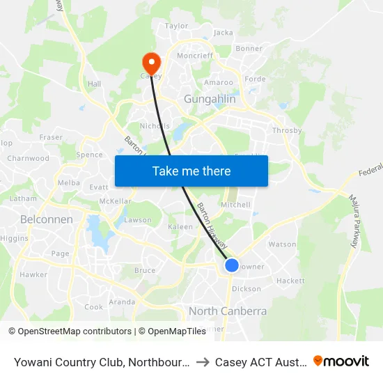 Yowani Country Club, Northbourne Ave to Casey ACT Australia map