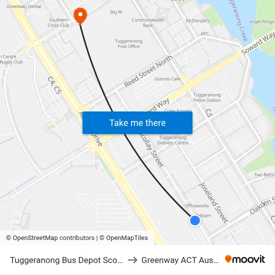 Tuggeranong Bus Depot Scollay St to Greenway ACT Australia map