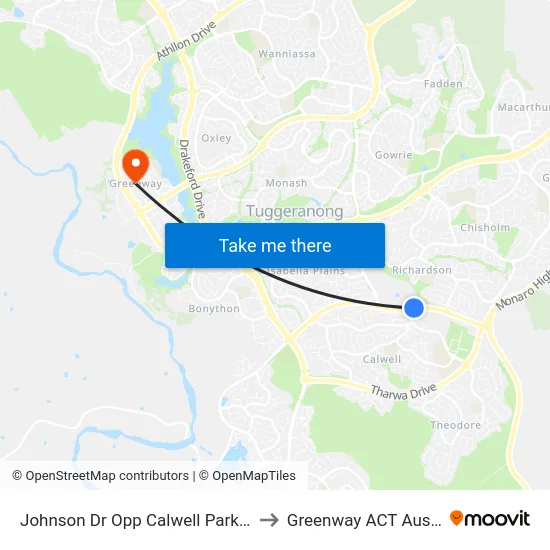 Johnson Dr Opp Calwell Park & Ride to Greenway ACT Australia map
