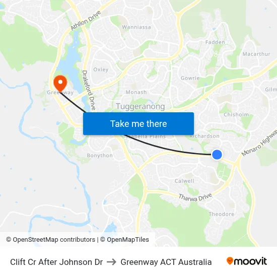 Clift Cr After Johnson Dr to Greenway ACT Australia map