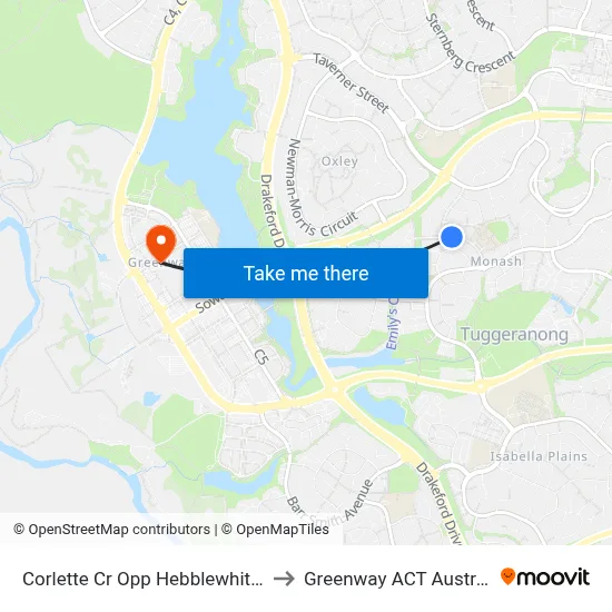 Corlette Cr Opp Hebblewhite St to Greenway ACT Australia map