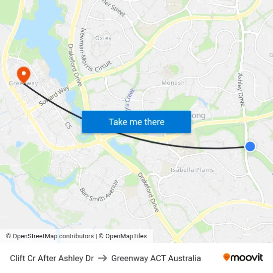 Clift Cr After Ashley Dr to Greenway ACT Australia map
