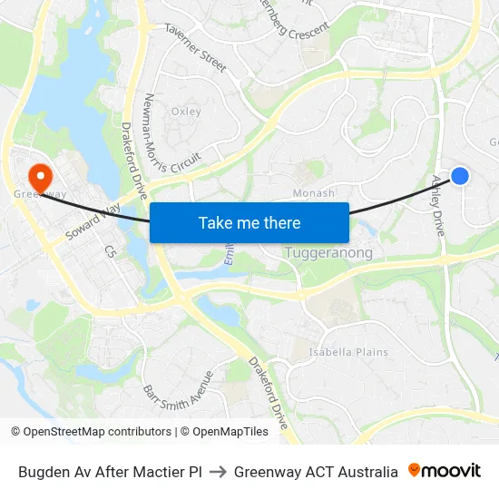 Bugden Av After Mactier Pl to Greenway ACT Australia map