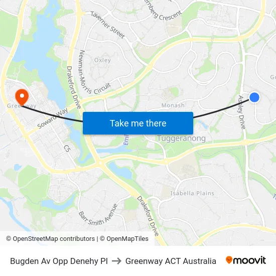 Bugden Av Opp Denehy Pl to Greenway ACT Australia map