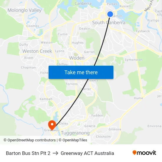 Barton Bus Stn Plt 2 to Greenway ACT Australia map