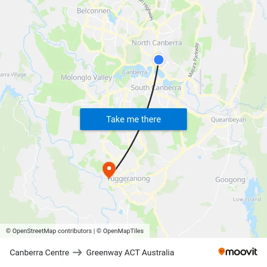 Canberra Centre to Greenway ACT Australia map