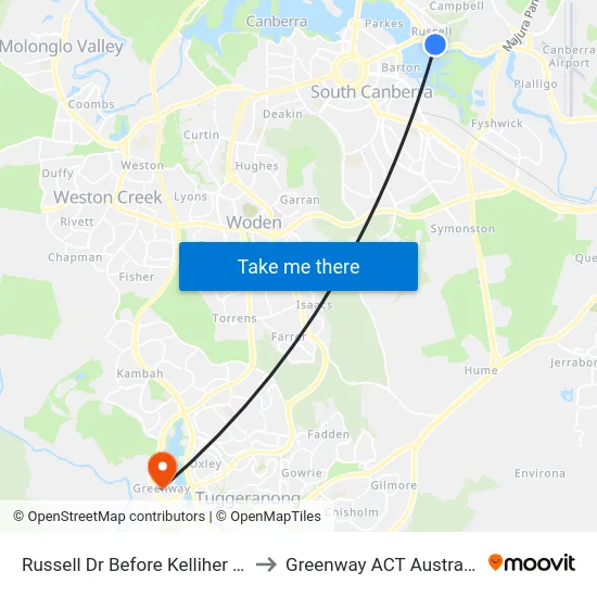 Russell Dr Before Kelliher Dr to Greenway ACT Australia map