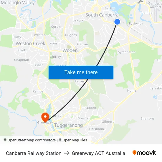 Canberra Railway Station to Greenway ACT Australia map