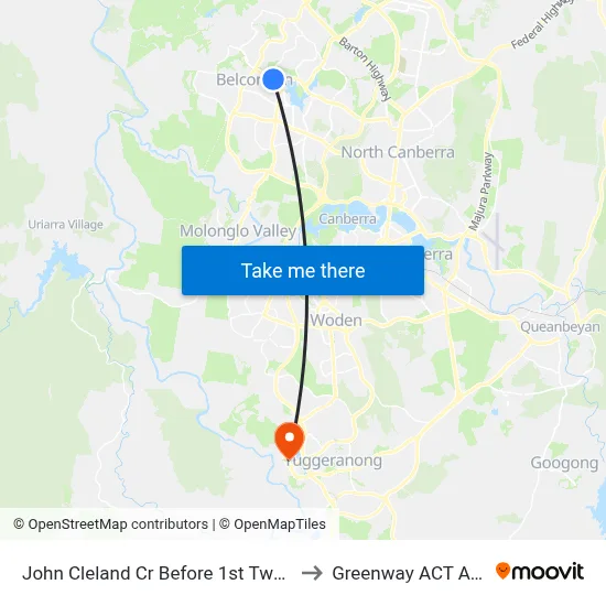 John Cleland Cr Before 1st Twelvetrees Cr to Greenway ACT Australia map