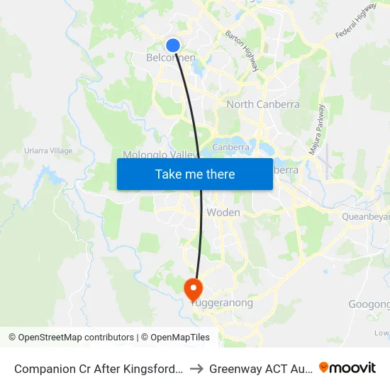 Companion Cr After Kingsford Smith Dr to Greenway ACT Australia map