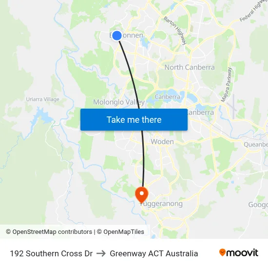 192 Southern Cross Dr to Greenway ACT Australia map