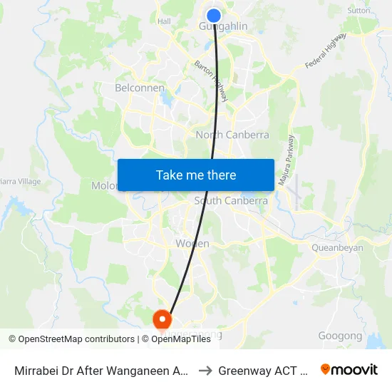 Mirrabei Dr After Wanganeen Av Northbound to Greenway ACT Australia map