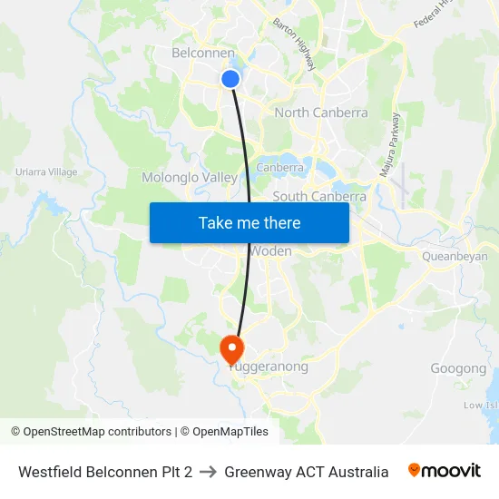 Westfield Belconnen Plt 2 to Greenway ACT Australia map