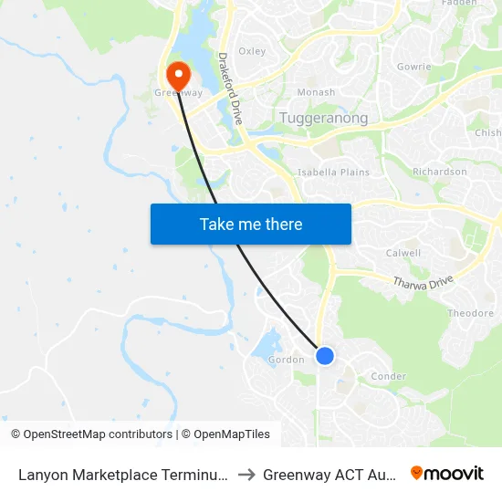 Lanyon Marketplace Terminus North to Greenway ACT Australia map