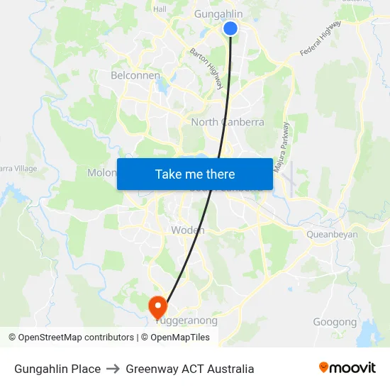 Gungahlin Place to Greenway ACT Australia map