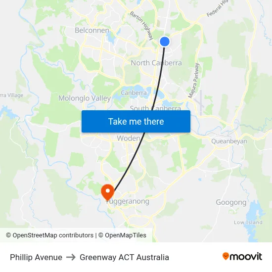 Phillip Avenue to Greenway ACT Australia map