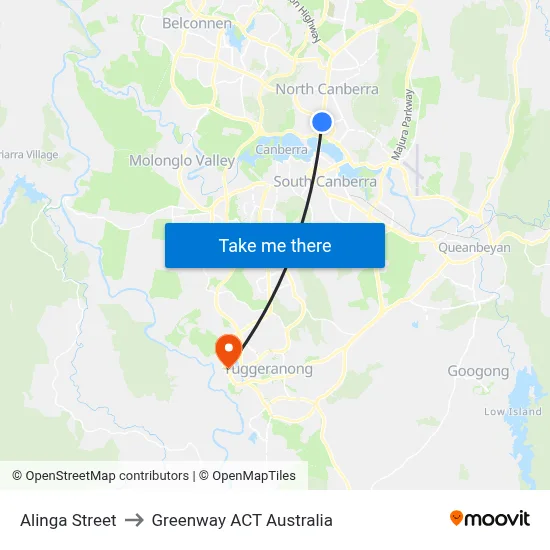 Alinga Street to Greenway ACT Australia map