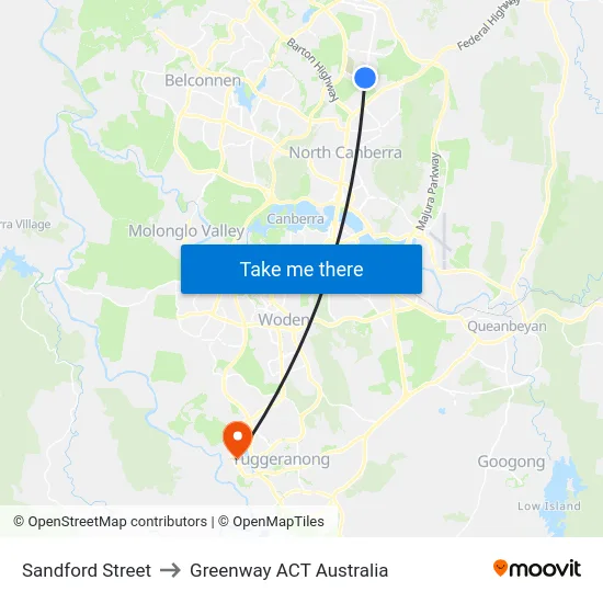 Sandford Street to Greenway ACT Australia map
