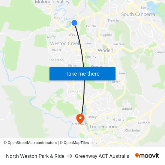 North Weston Park & Ride to Greenway ACT Australia map