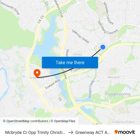 Mcbryde Cr Opp Trinity Christian School to Greenway ACT Australia map