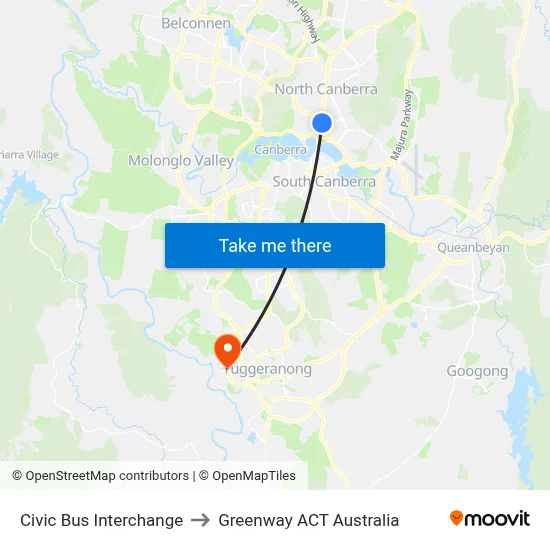 Civic Bus Interchange to Greenway ACT Australia map