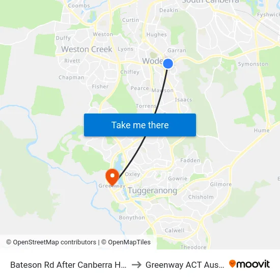 Bateson Rd After Canberra Hospital to Greenway ACT Australia map