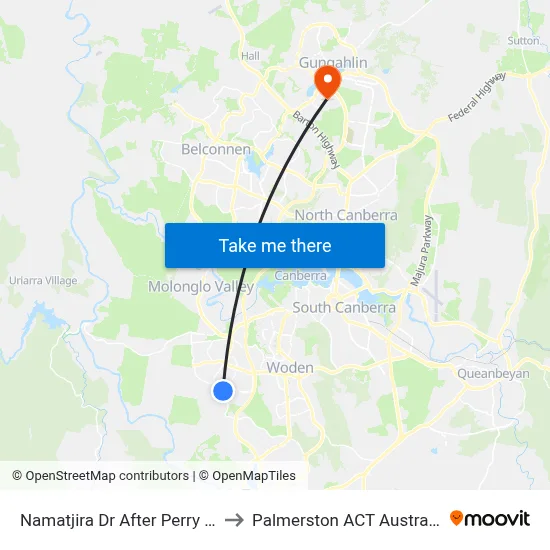 Namatjira Dr After Perry Dr to Palmerston ACT Australia map